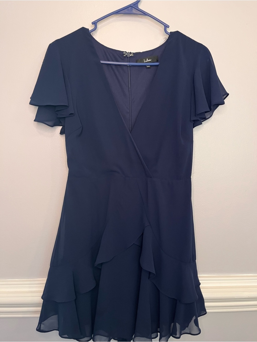 Lulu's Navy Flutter Sleeve Ruffle Wrap Mini Dress